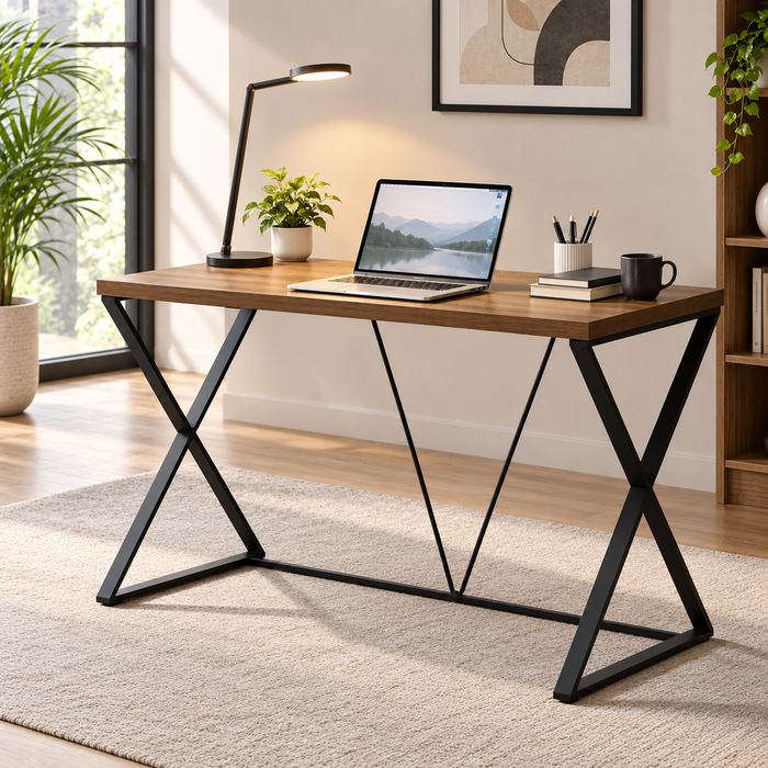 Klaxon Engineered Wood Iron Study Table, Multi-Usage Laptop Desk & Home Office (DIY Installation) (Forest Dark, Orbit) (Heli)
