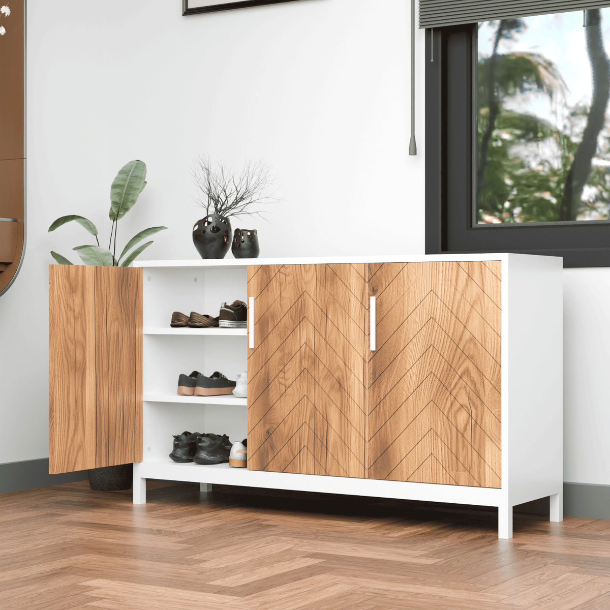 KLAXON Cane-Door Shoe Cabinet – Oak & White