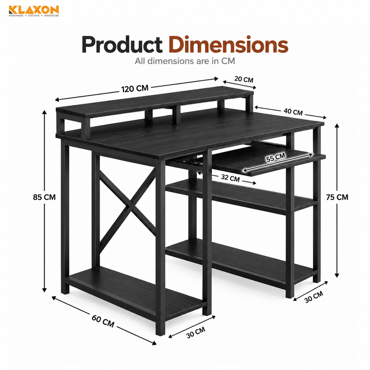 KLAXON 120 CM Computer Table with Keyboard Tray & Monitor Stand