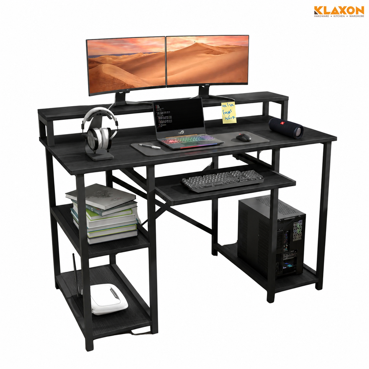 KLAXON Computer Table with Keyboard Tray, Monitor Stand & Storage