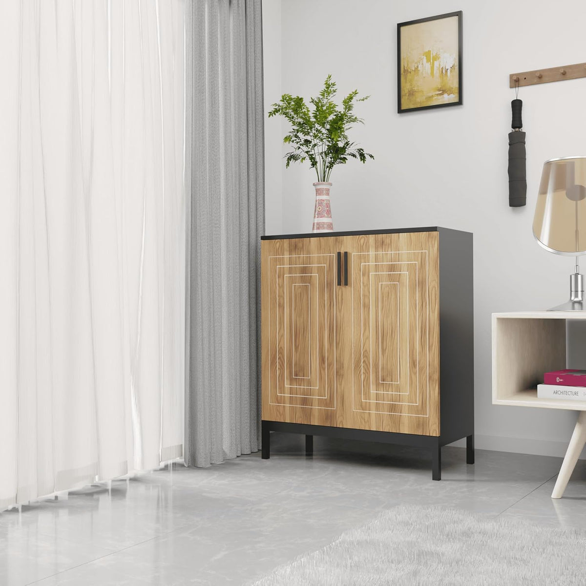 KLAXON Cane-Door Shoe Cabinet – Oak & Black