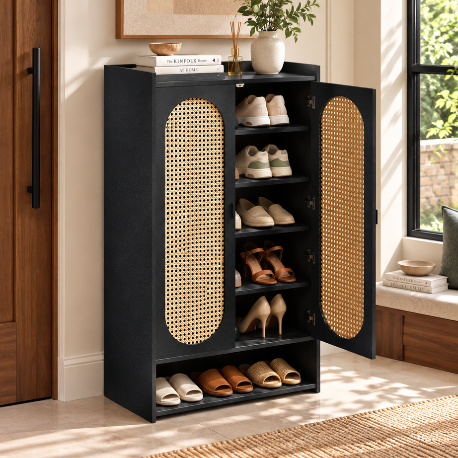 Klaxon Modern Shoe Cabinet with Cane Doors | Stylish Wooden Shoe Rack Organizer with Multiple Storage Shelves for Home Entryway (Black, Shoe Rack - 09)