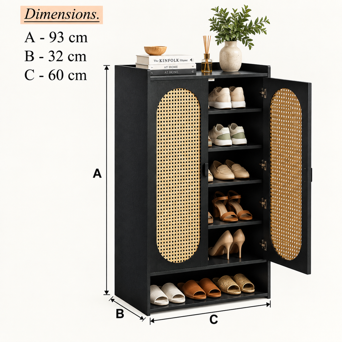 Klaxon Modern Shoe Cabinet with Cane Doors | Stylish Wooden Shoe Rack Organizer with Multiple Storage Shelves for Home Entryway (Black, Shoe Rack - 09)