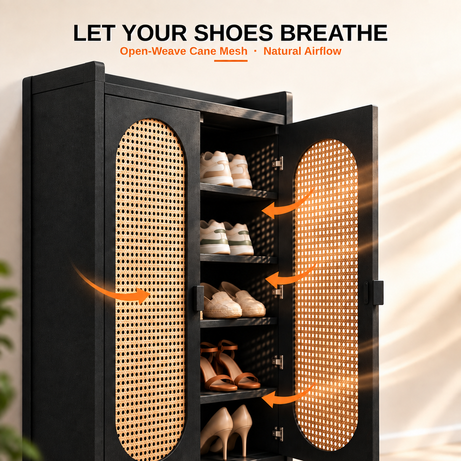 Klaxon Modern Shoe Cabinet with Cane Doors | Stylish Wooden Shoe Rack Organizer with Multiple Storage Shelves for Home Entryway (Black, Shoe Rack - 09)
