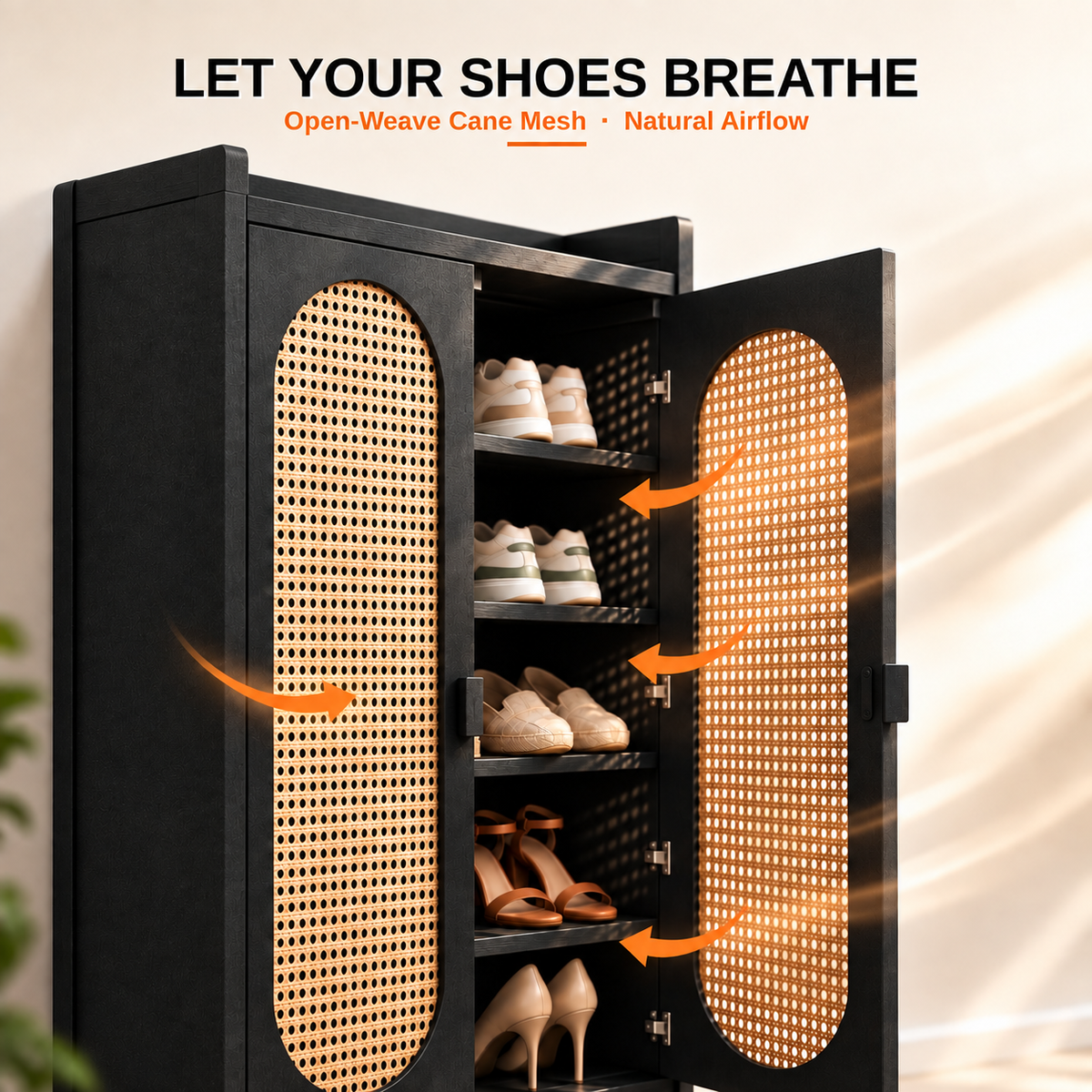 Klaxon Modern Shoe Cabinet with Cane Doors | Stylish Wooden Shoe Rack Organizer with Multiple Storage Shelves for Home Entryway (Black, Shoe Rack - 09)