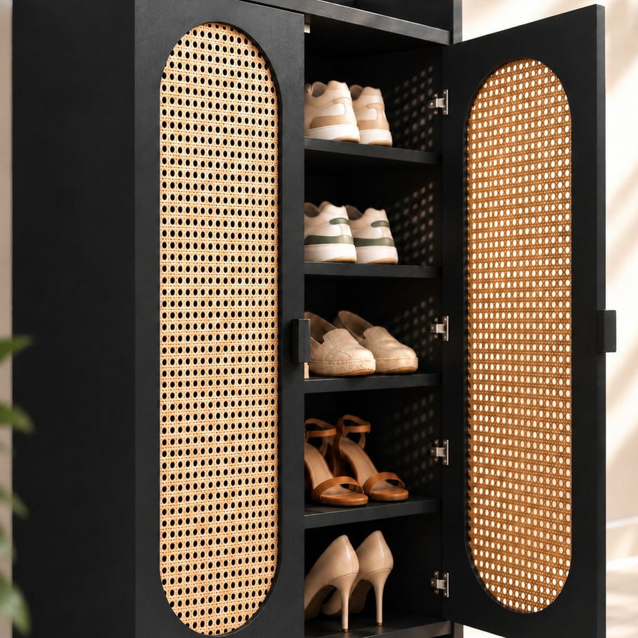 Klaxon Modern Shoe Cabinet with Cane Doors | Stylish Wooden Shoe Rack Organizer with Multiple Storage Shelves for Home Entryway (Black, Shoe Rack - 09)