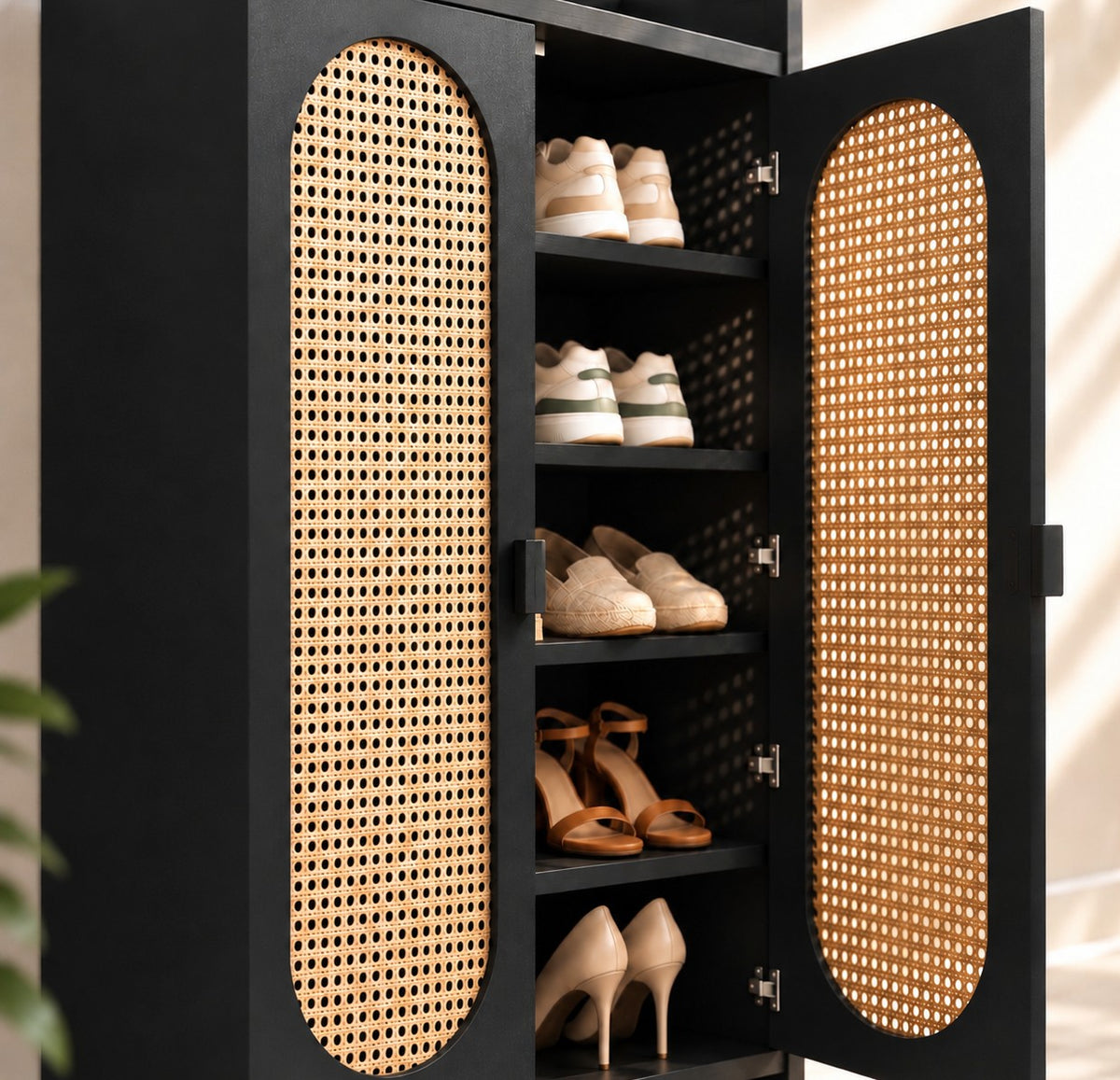 Klaxon Modern Shoe Cabinet with Cane Doors | Stylish Wooden Shoe Rack Organizer with Multiple Storage Shelves for Home Entryway (Black, Shoe Rack - 09)