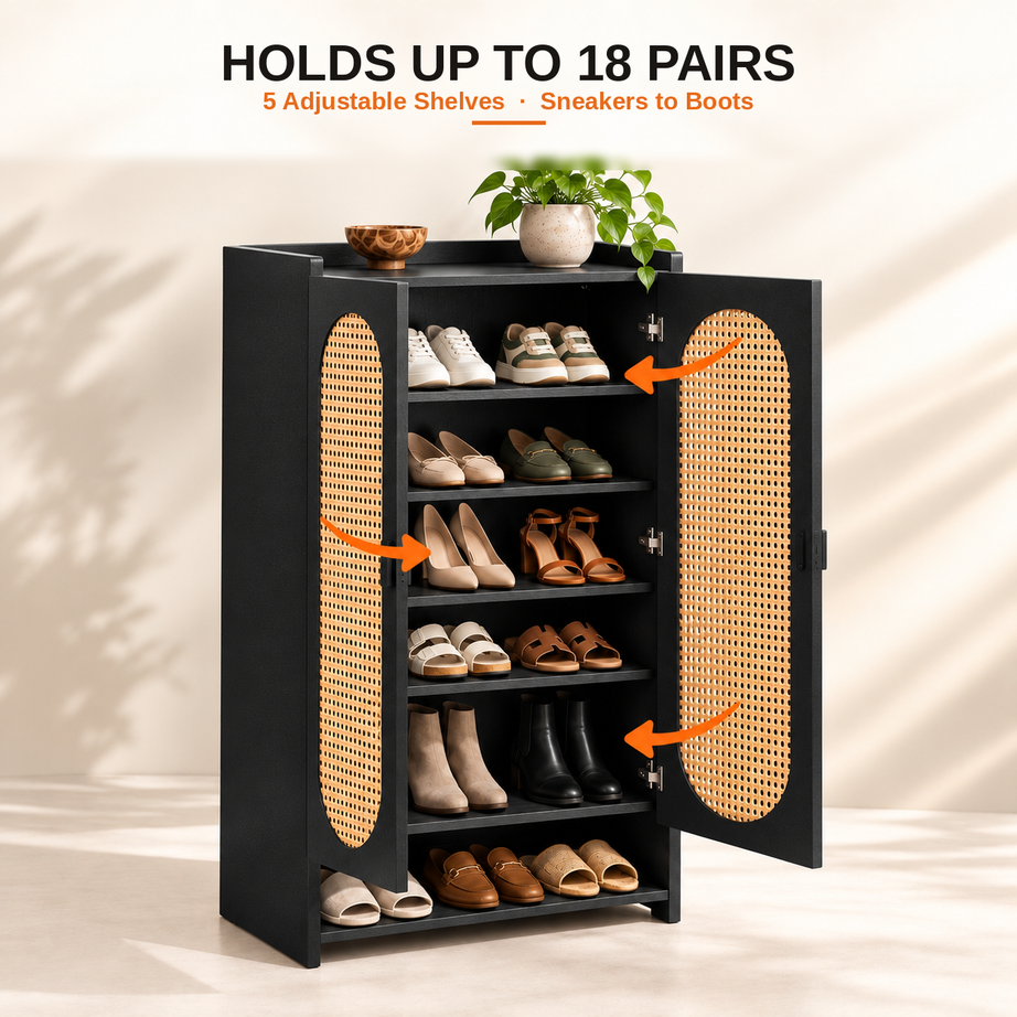 Klaxon Modern Shoe Cabinet with Cane Doors | Stylish Wooden Shoe Rack Organizer with Multiple Storage Shelves for Home Entryway (Black, Shoe Rack - 09)
