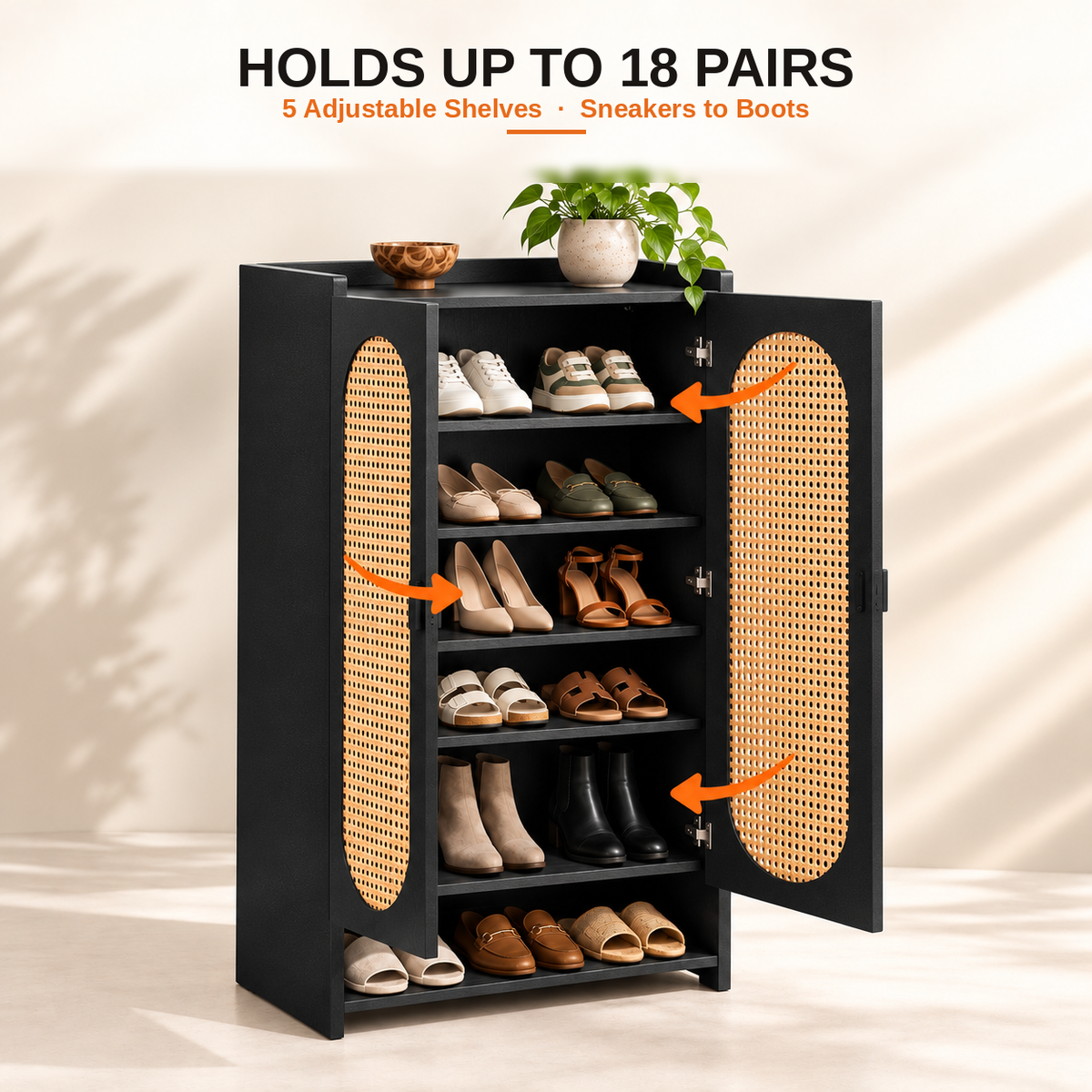 Klaxon Modern Shoe Cabinet with Cane Doors | Stylish Wooden Shoe Rack Organizer with Multiple Storage Shelves for Home Entryway (Black, Shoe Rack - 09)