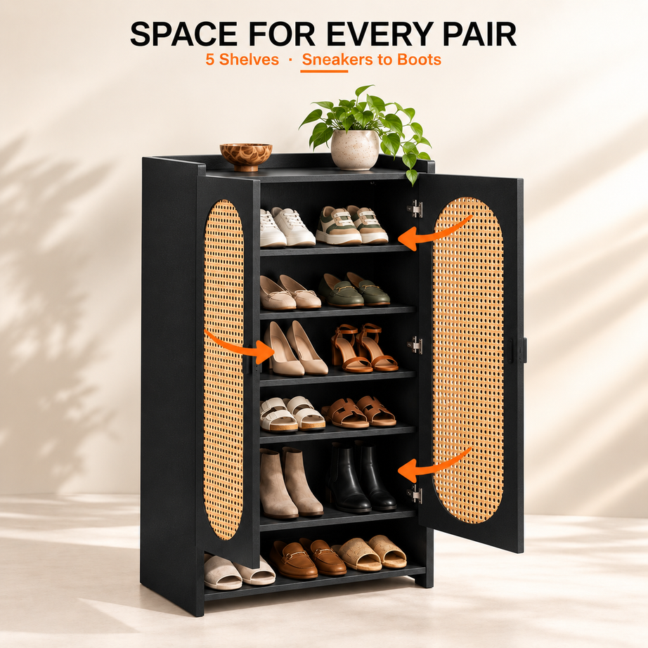 Klaxon Modern Shoe Cabinet with Cane Doors | Stylish Wooden Shoe Rack Organizer with Multiple Storage Shelves for Home Entryway (Black, Shoe Rack - 09)