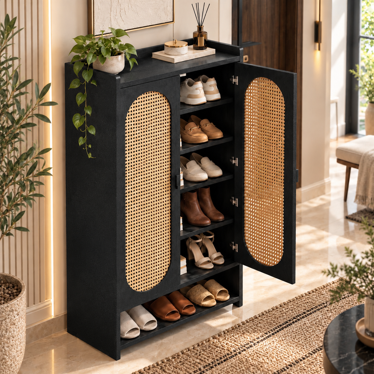 Klaxon Modern Shoe Cabinet with Cane Doors | Stylish Wooden Shoe Rack Organizer with Multiple Storage Shelves for Home Entryway (Black, Shoe Rack - 09)
