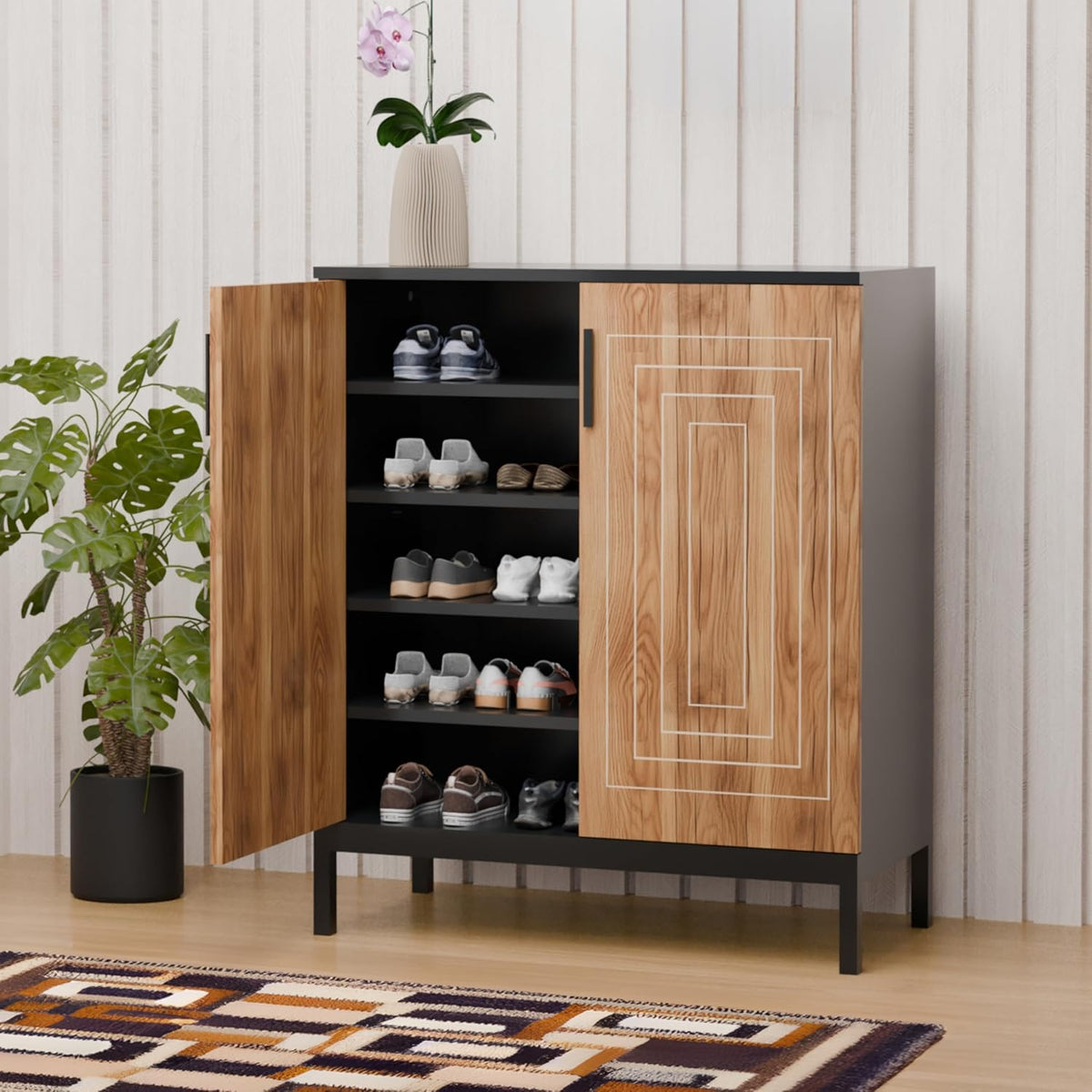 KLAXON Cane-Door Shoe Cabinet – Oak & Black