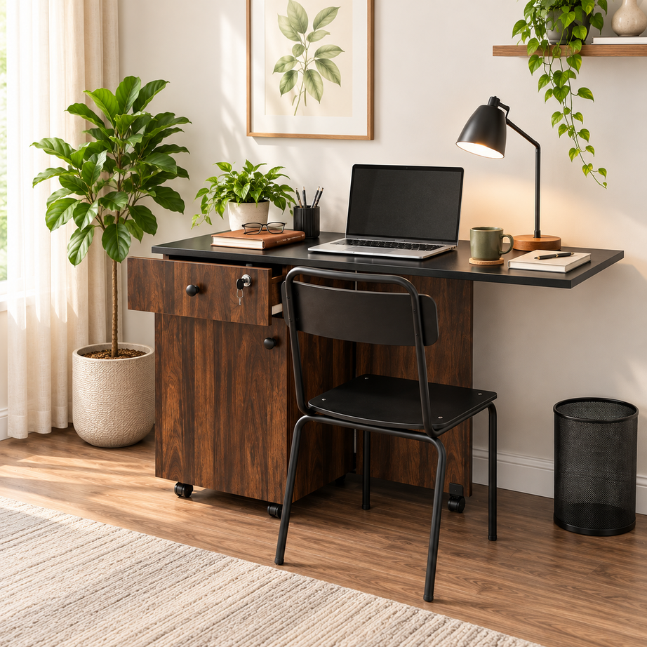 Klaxon Foldable Study Table with Drawer & Storage Shelf | Compact Desk for Home & Students | Folding Design with Lockable Wheels. (DIY Installation) (Aw & Black, Kora)