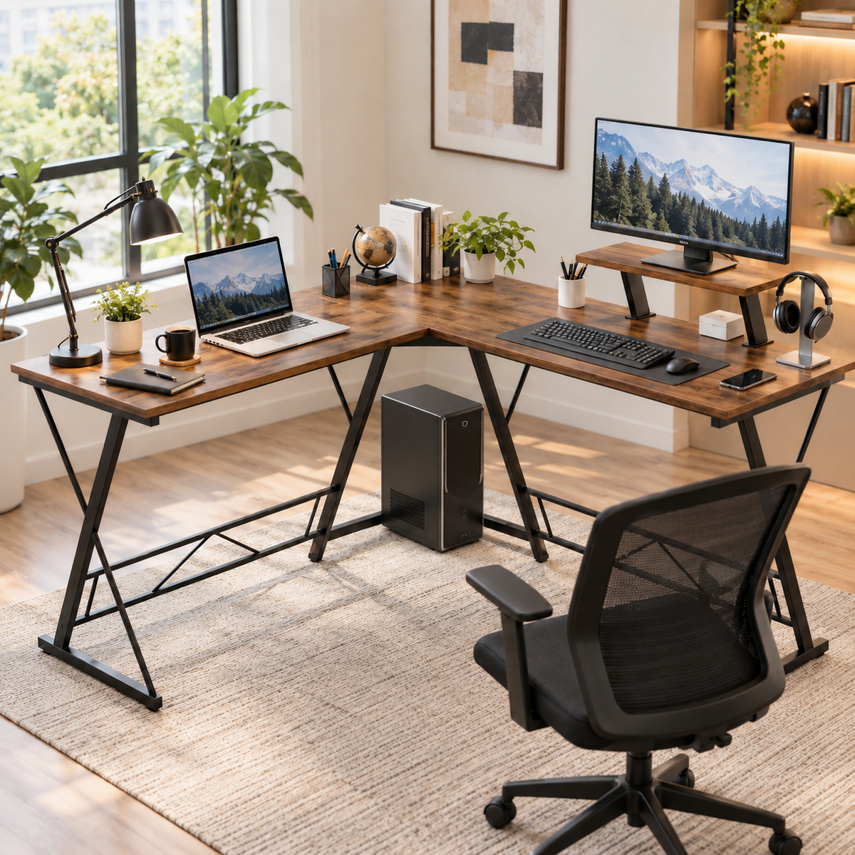 Klaxon Workstation Table for Home Office - Versatile Desk for PC Setup - Big Computer/Ideal Study Tabel with Storage and Bookshelf - Modern Office Desk for Work