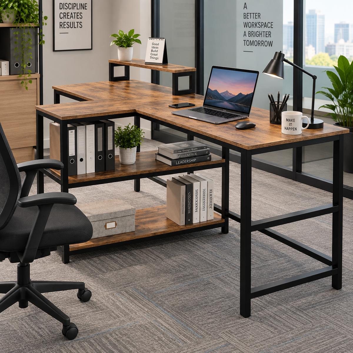 KLAXON L-Shaped Study & Computer Table – Forest Dark & Black