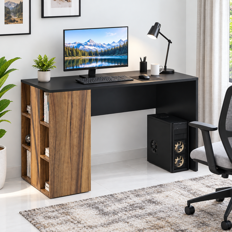 
KLAXON Computer Table & Study Desk for Home & Office | Modern Black & Walnut Engineered Wood Desk with Side Storage Shelves | Multipurpose PC Table, Writing Desk & Workstation