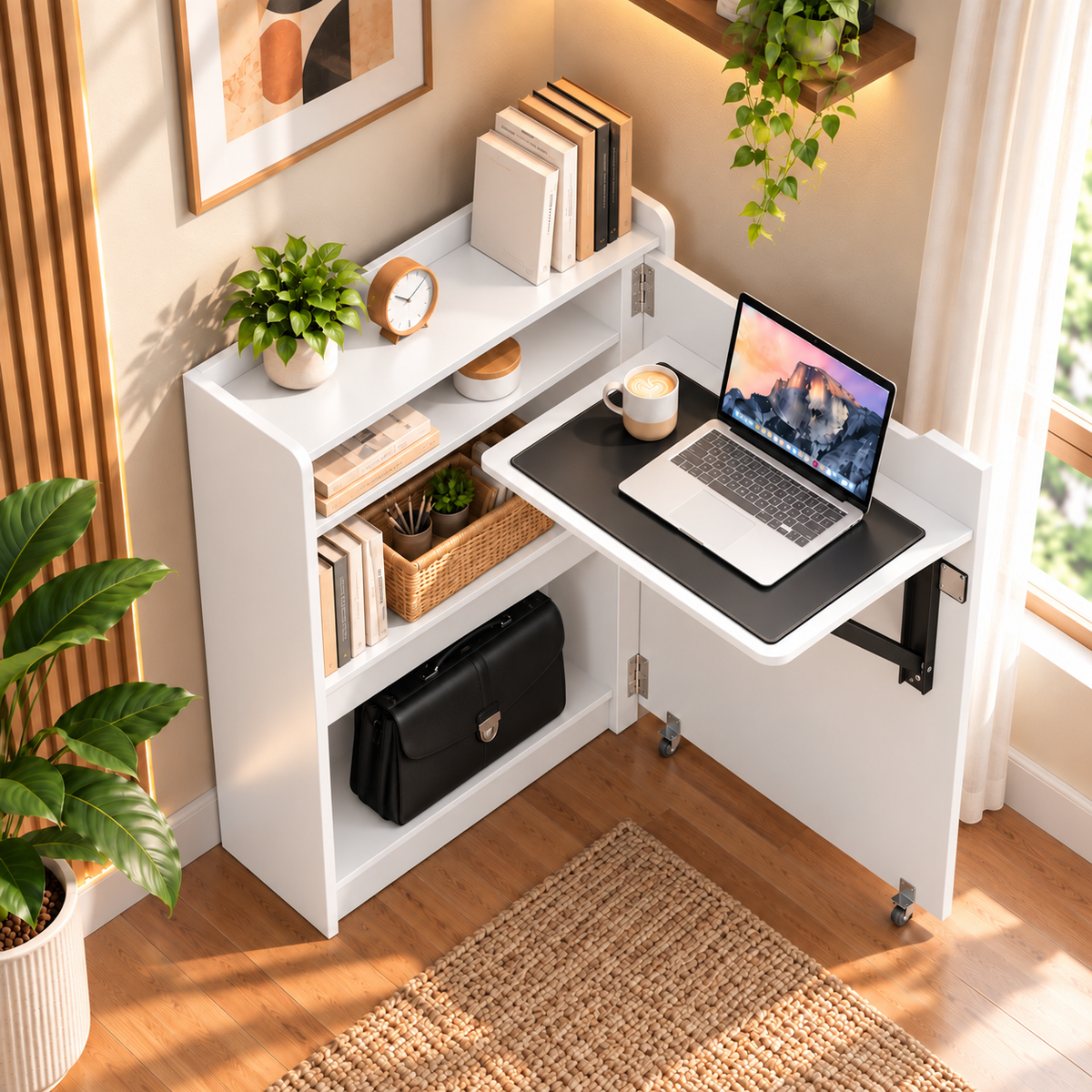 Klaxon Foldable Study Table with Drawer & Storage Shelf | Compact Desk for Home & Students | Folding Design with Lockable Wheels. (White, DIY Installation)