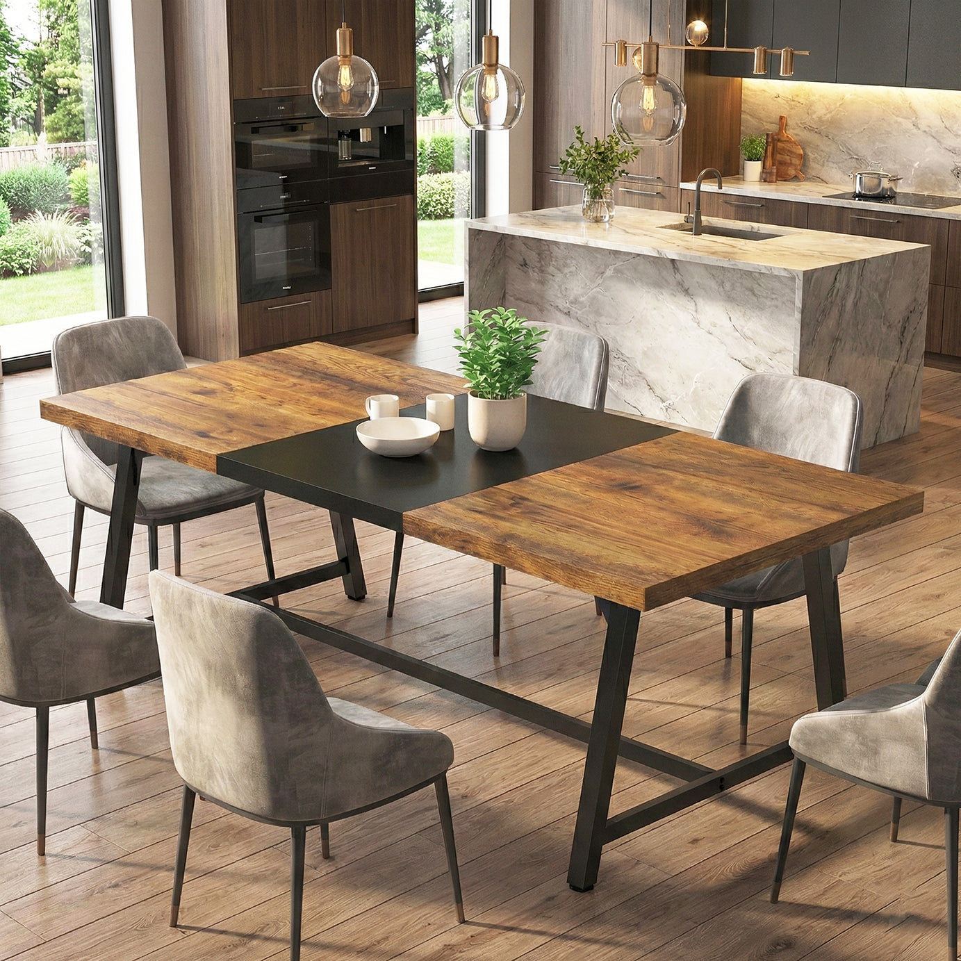 Klaxon Modern Dining Table for 6 Seater | Wooden Finish Dining Table with Sturdy Black Metal Legs | Contemporary Dining Table for Home, Kitchen & Dining Room