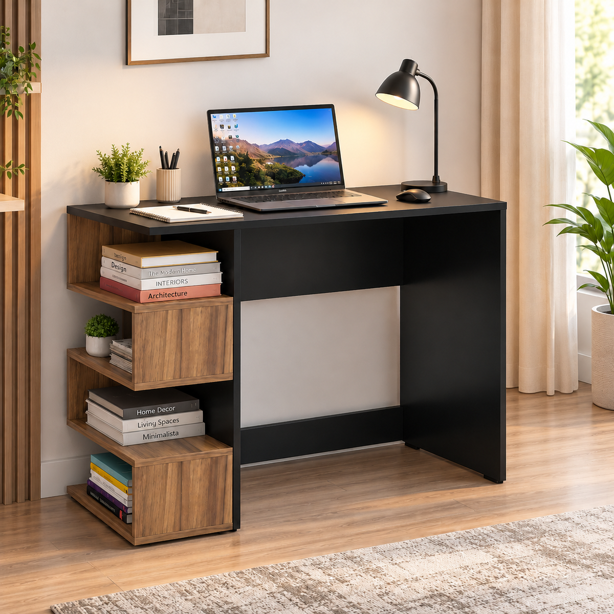 KLAXON Computer Table & Study Desk for Home & Office | Modern Black & Asian Walnut Engineered Wood Laptop Table with 4-Tier Open Bookshelf | Multipurpose Writing Desk & Workstation with Storage