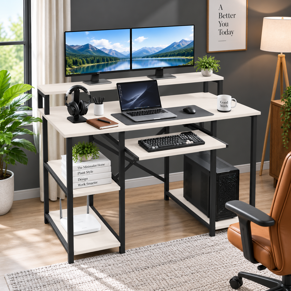 Klaxon Computer Table for Home Office with Keyboard Tray and Monitor Stand, Engineered Wood Study Table and Gaming Desk with Storage Shelves (120 CM - White DIY)