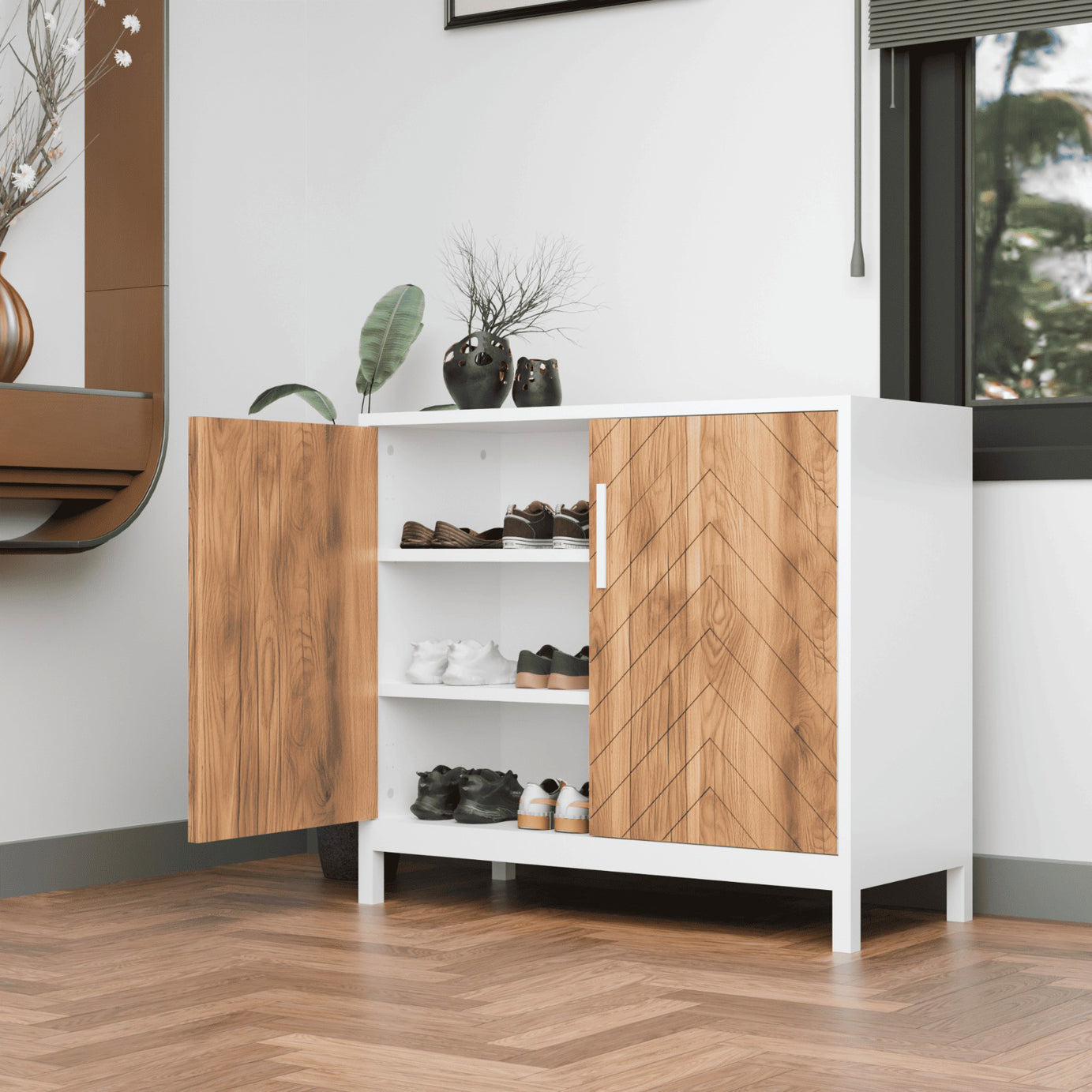 Klaxon Modern Shoe Cabinet with Cane Doors | Stylish Wooden Shoe Rack Organizer with Multiple Storage Shelves for Home Entryway (Oak & White, Shoe Rack - 05)
