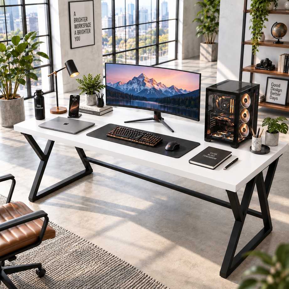Klaxon Modern Computer Table for Home PC – Multipurpose Office Desk for Home & Work | Gaming Table, Computer Table, Desktop Table for Home Office (Riva White Medium)