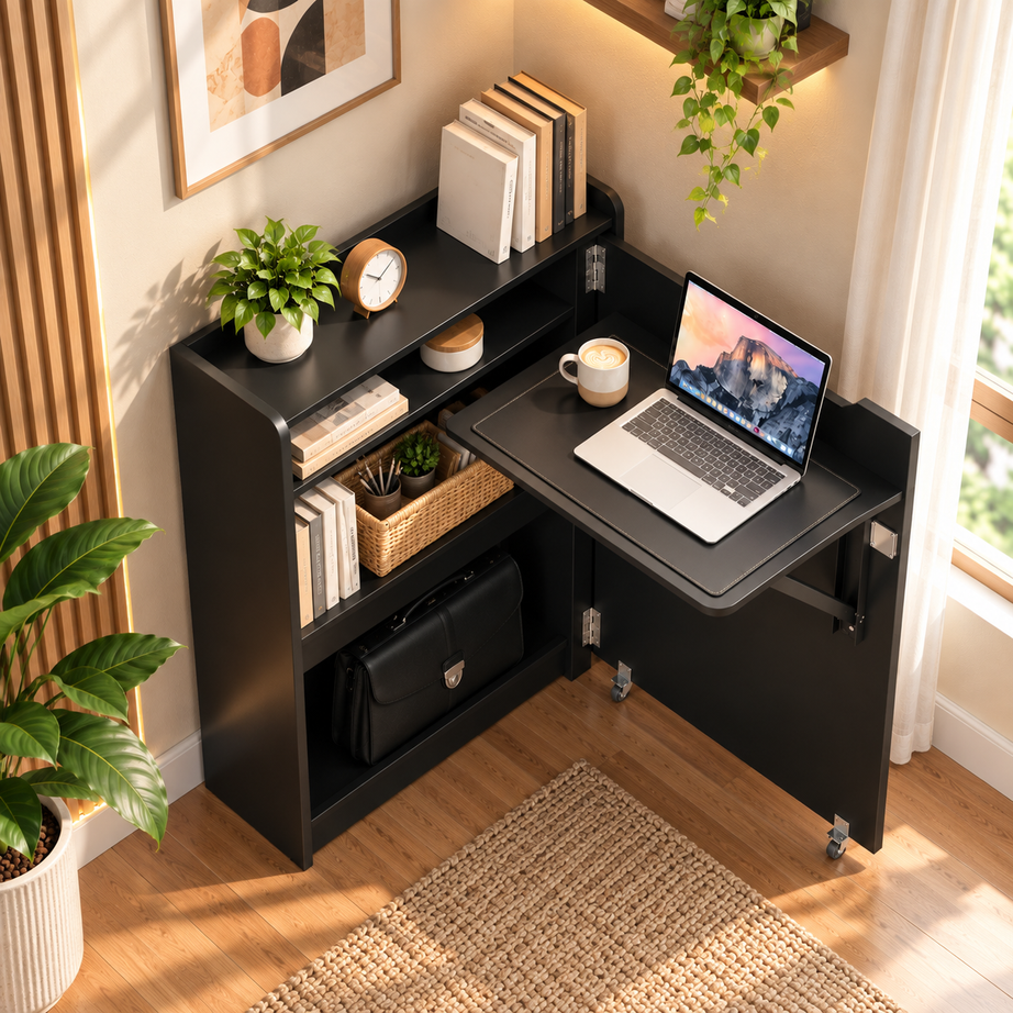 Klaxon Foldable Study Table with Drawer & Storage Shelf | Compact Desk for Home & Students | Folding Design with Lockable Wheels. (Black, DIY Installation)