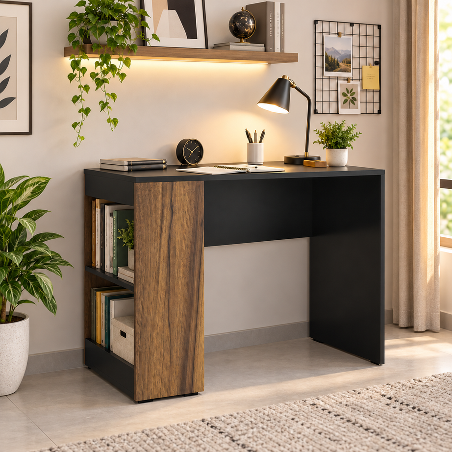 
KLAXON Computer Table & Study Desk for Home & Office | Modern Black & Asian Walnut Engineered Wood Desk with Side Bookshelf & Storage Shelves | Multipurpose Laptop Table, Writing Desk & Workstation