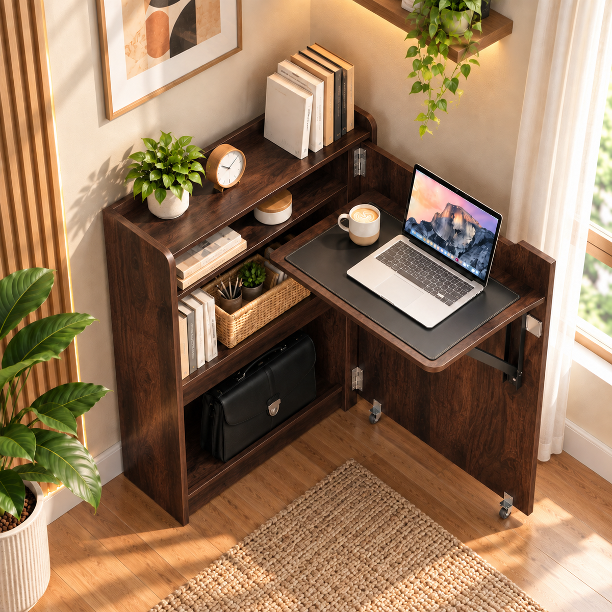 Klaxon Foldable Study Table with Drawer & Storage Shelf | Compact Desk for Home & Students | Folding Design with Lockable Wheels. (DIY Installation) (Asian walnut)