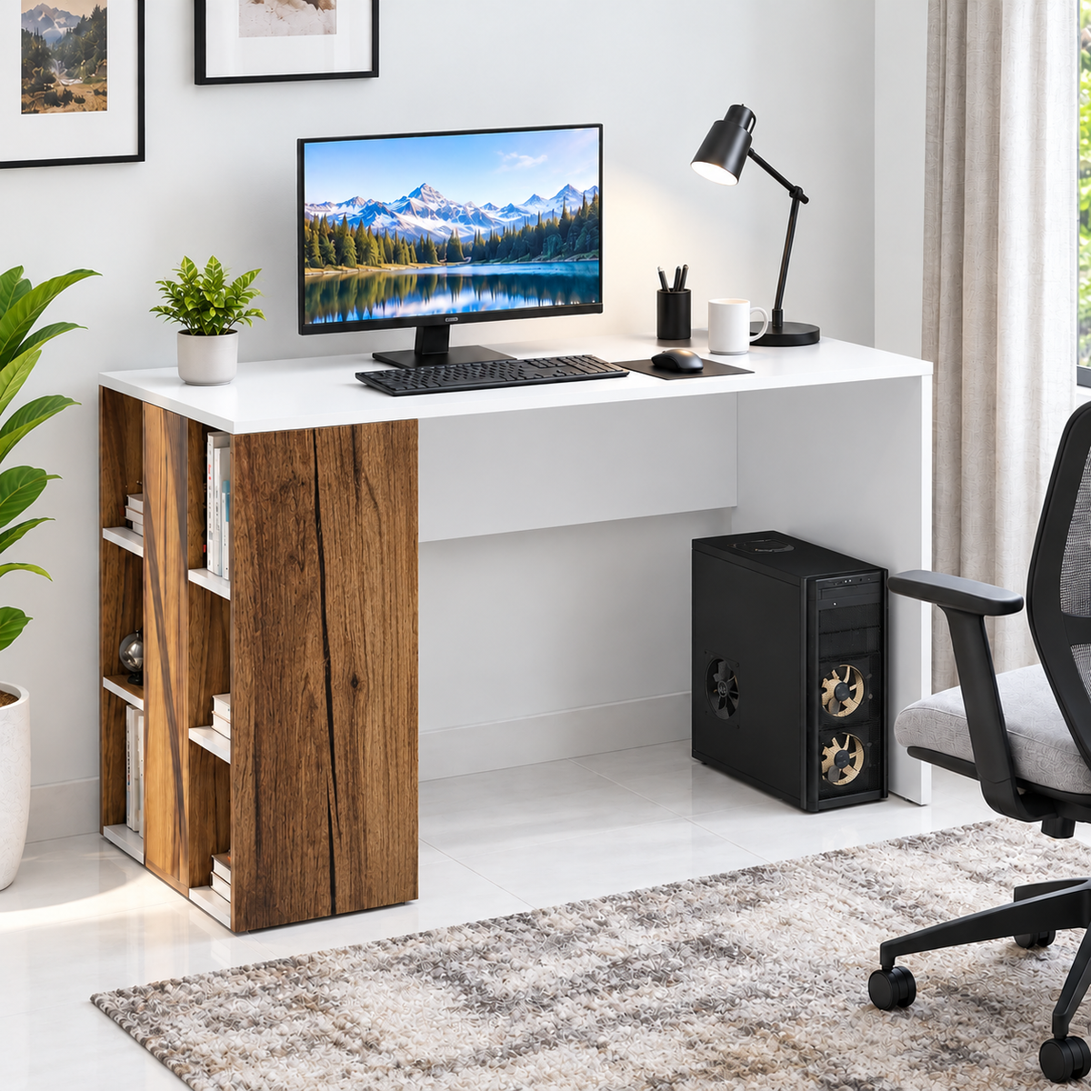 KLAXON Computer Table & Study Desk for Home & Office | Modern Forest Dark & White  Engineered Wood Desk with Side Storage Shelves | Multipurpose PC Table, Writing Desk & Workstation