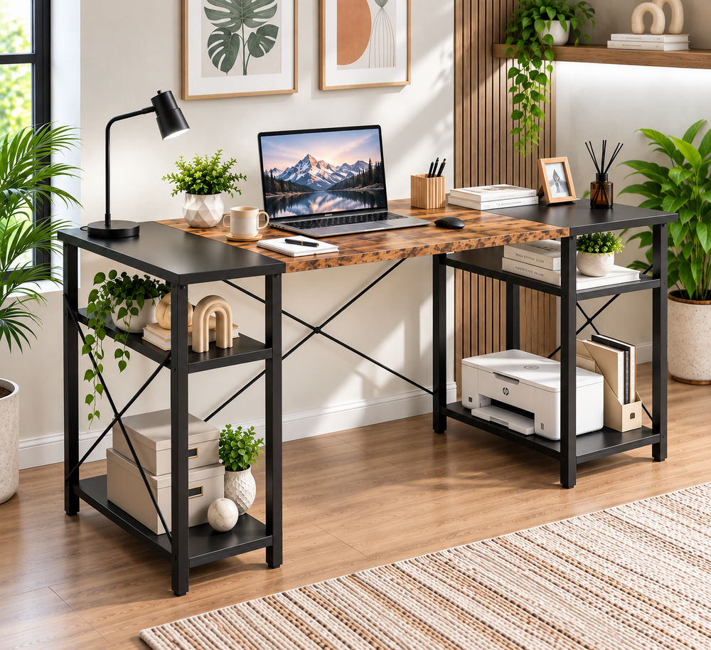 Klaxon Engineered Wood Iron Study Table, Multi-Usage Laptop Desk & Home Office (DIY Installation) (Forest Dark, Orbit) (Elite)