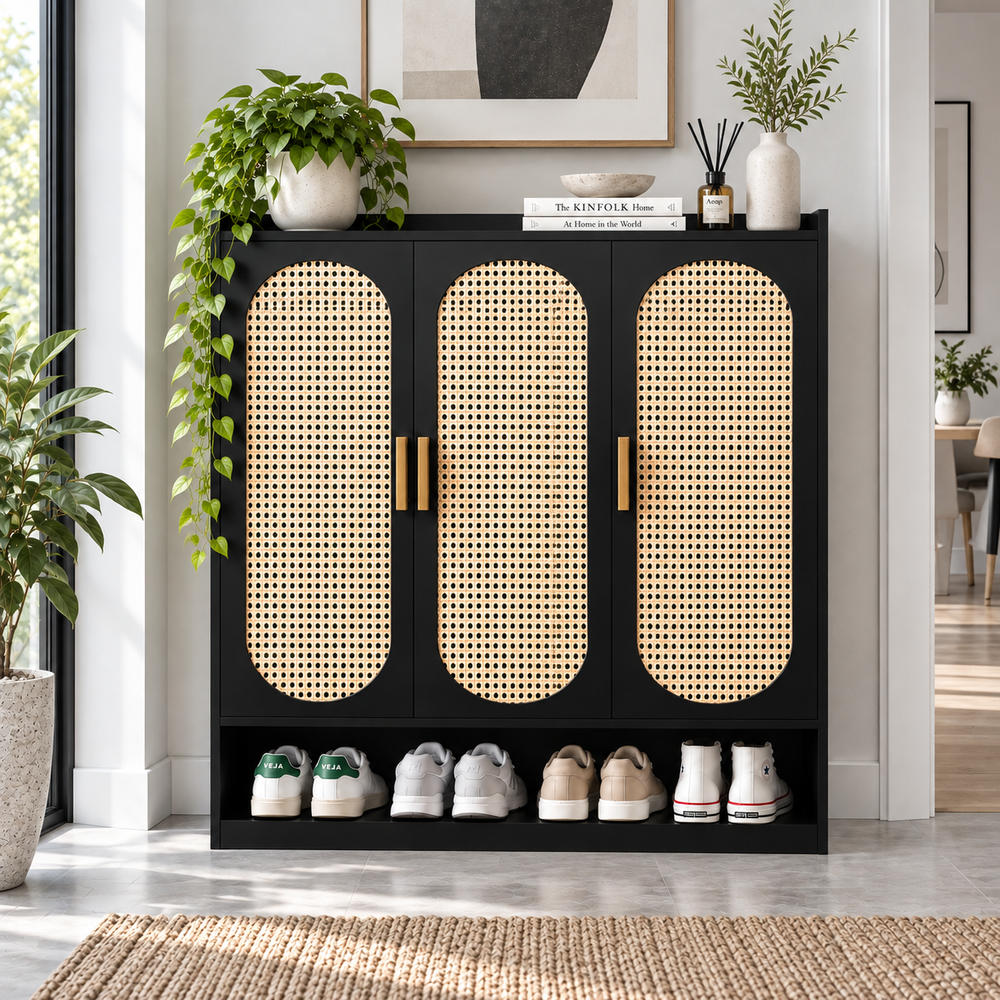 Klaxon Modern Shoe Cabinet with Cane Doors | Stylish Wooden Shoe Rack Organizer with Multiple Storage Shelves for Home Entryway (Black, Shoe Rack - 08)