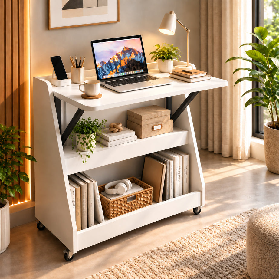 Klaxon Foldable Study Table with Drawer & Storage Shelf | Compact Desk for Home & Students | Folding Design with Lockable Wheels (DIY Installation) (White, Mylo)