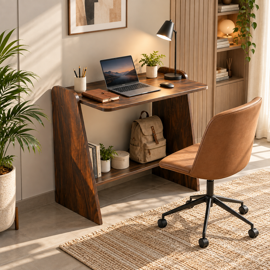 Klaxon Foldable Study Table with Drawer & Storage Shelf | Compact Desk for Home & Students | Folding Design with Lockable Wheels. (DIY Installation) (Asian walnut, Eros)