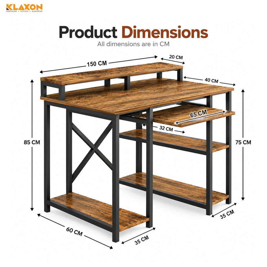 Klaxon Computer Table for Home Office with Keyboard Tray and Monitor Stand, Engineered Wood Study Table and Gaming Desk with Storage Shelves (150 CM - FD DIY)