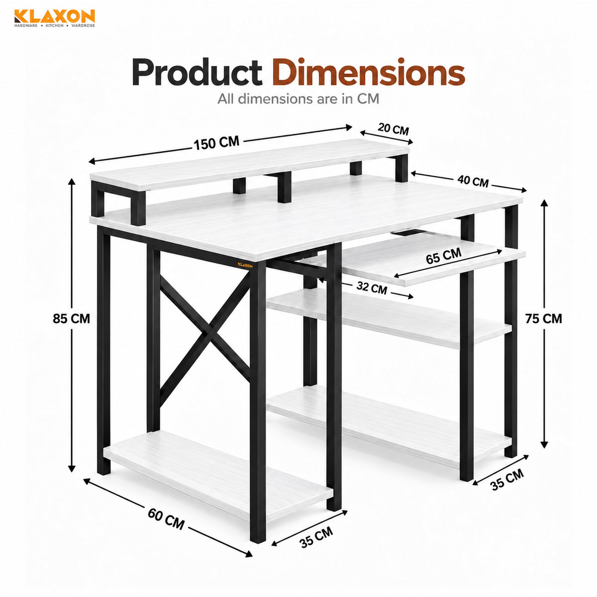 Klaxon Computer Table for Home Office with Keyboard Tray and Monitor Stand, Engineered Wood Study Table and Gaming Desk with Storage Shelves (150 CM - White DIY)