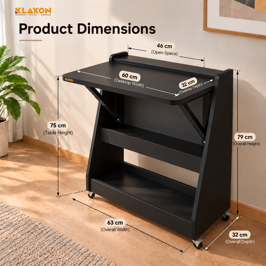 Klaxon Foldable Study Table with Drawer & Storage Shelf | Compact Desk for Home & Students | Folding Design with Lockable Wheels. (Black, DIY Installation) (Black- New, Mylo)