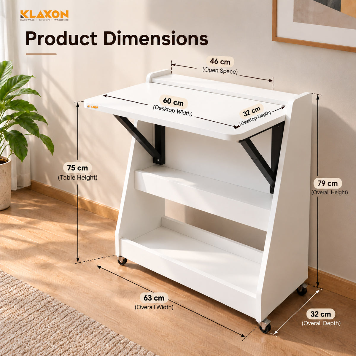 Klaxon Foldable Study Table with Drawer & Storage Shelf | Compact Desk for Home & Students | Folding Design with Lockable Wheels (DIY Installation) (White, Mylo)