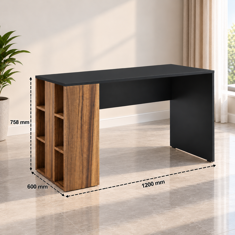 
KLAXON Computer Table & Study Desk for Home & Office | Modern Black & Walnut Engineered Wood Desk with Side Storage Shelves | Multipurpose PC Table, Writing Desk & Workstation
