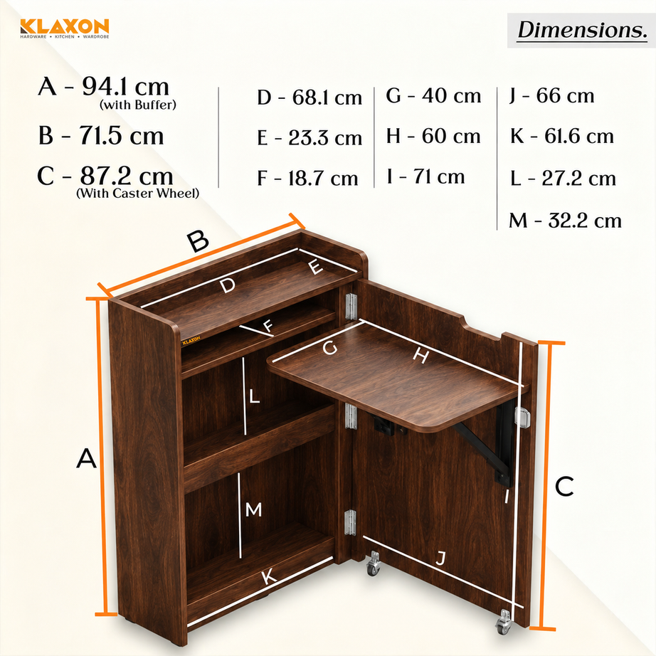 Klaxon Foldable Study Table with Drawer & Storage Shelf | Compact Desk for Home & Students | Folding Design with Lockable Wheels. (DIY Installation) (Asian walnut)