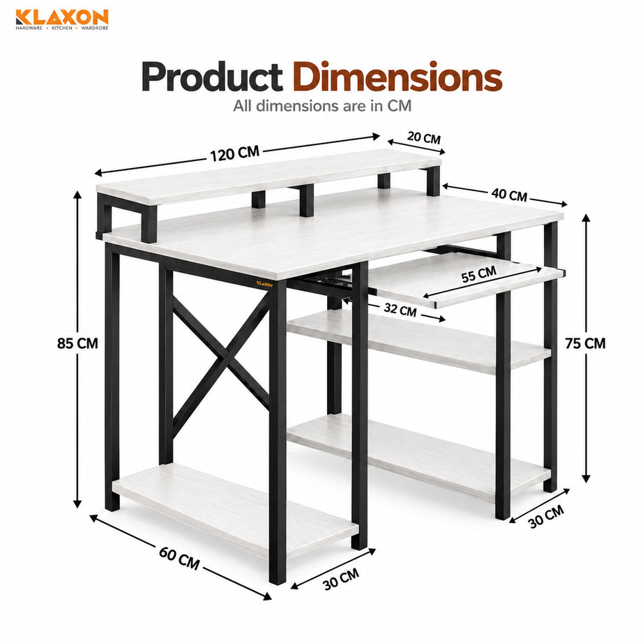 Klaxon Computer Table for Home Office with Keyboard Tray and Monitor Stand, Engineered Wood Study Table and Gaming Desk with Storage Shelves (120 CM - White DIY)
