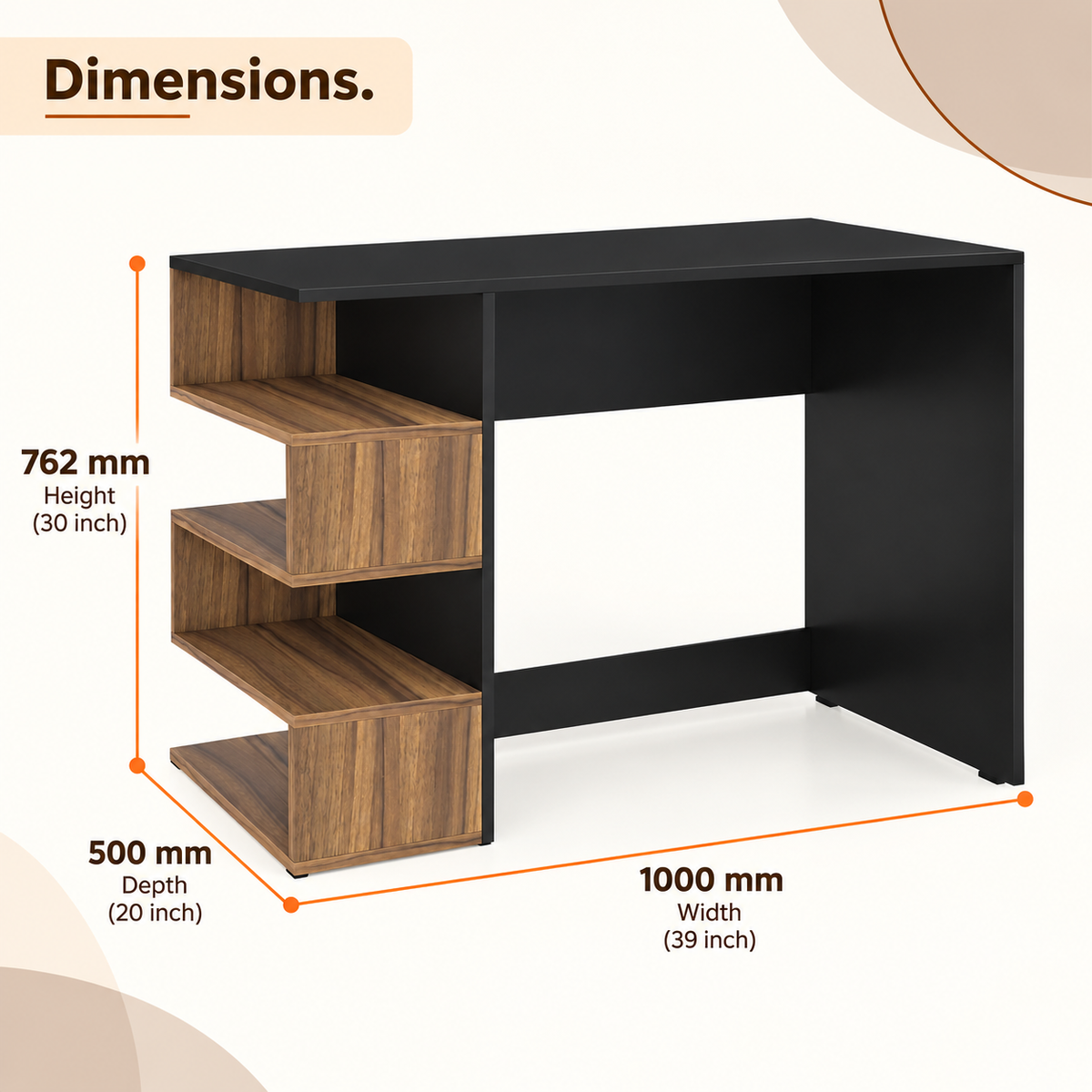 KLAXON Computer Table & Study Desk for Home & Office | Modern Black & Asian Walnut Engineered Wood Laptop Table with 4-Tier Open Bookshelf | Multipurpose Writing Desk & Workstation with Storage