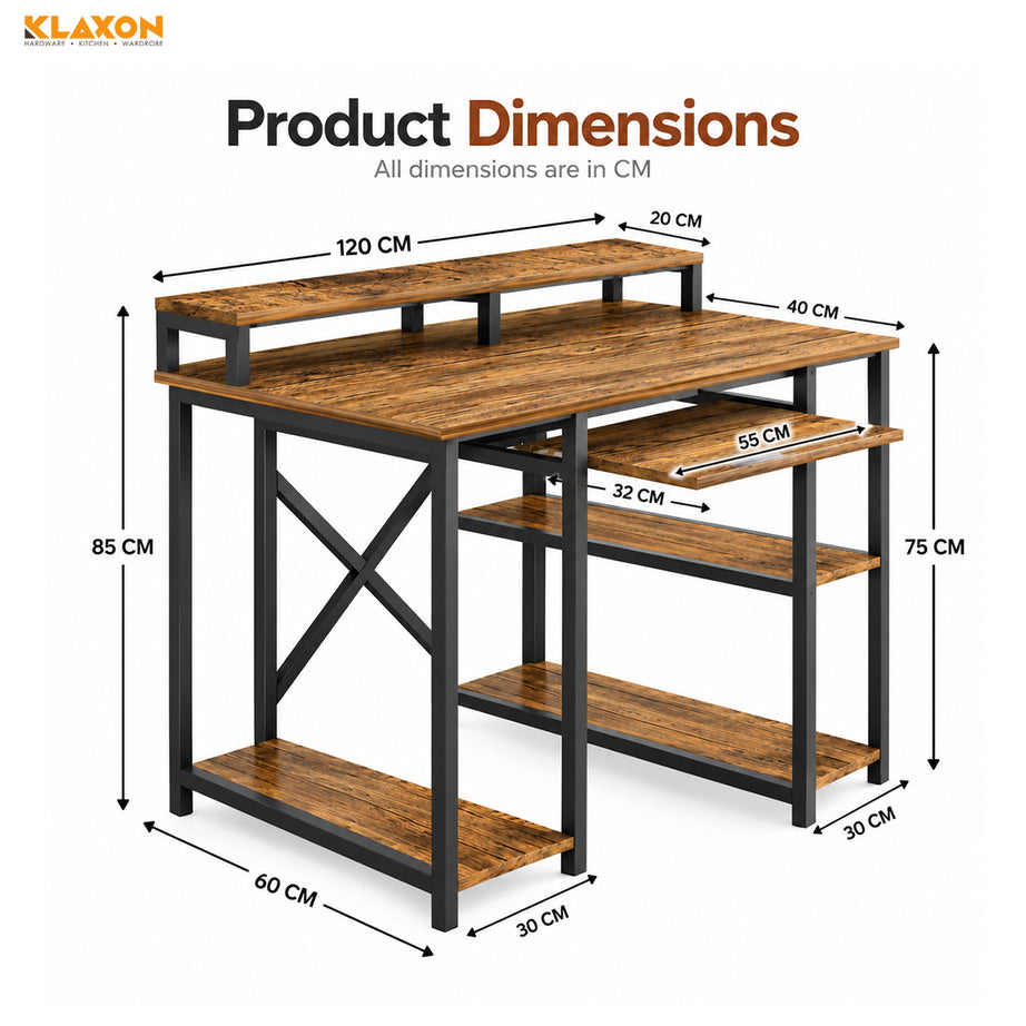 Klaxon Computer Table for Home Office with Keyboard Tray and Monitor Stand, Engineered Wood Study Table and Gaming Desk with Storage Shelves (120 CM - FD DIY)