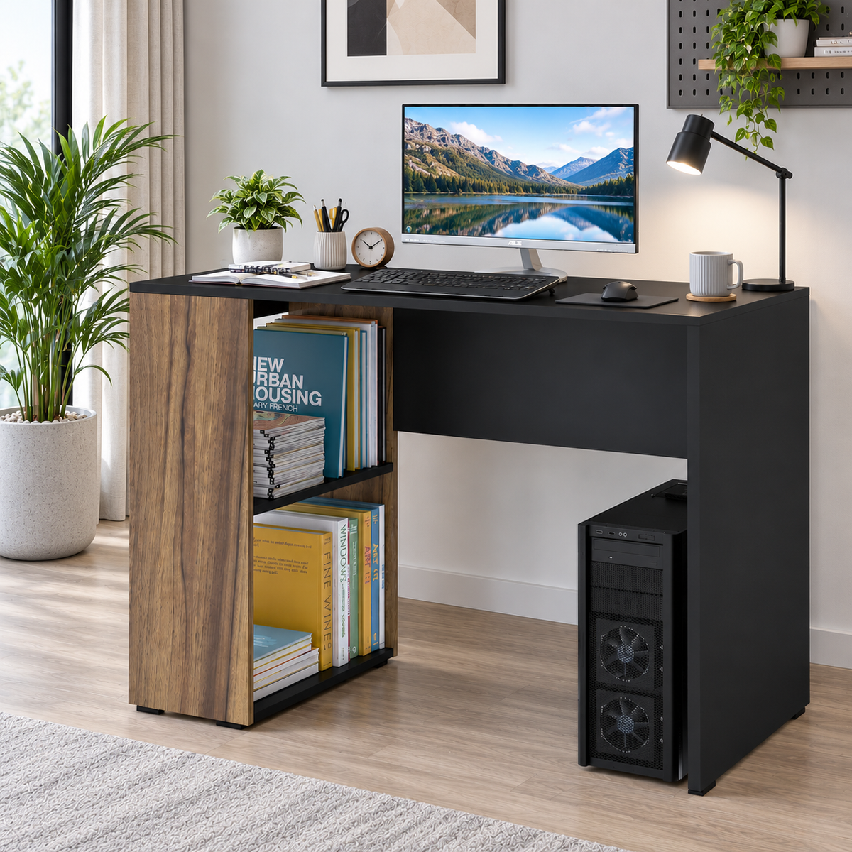 KLAXON Computer Table & Study Desk for Home & Office | Modern Black & Asian Walnut Engineered Wood Desk with Side Bookshelf & Storage Shelves | Multipurpose Laptop Table, Writing Desk & Workstation
