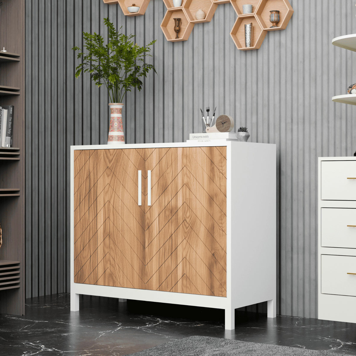 Klaxon Modern Shoe Cabinet with Cane Doors | Stylish Wooden Shoe Rack Organizer with Multiple Storage Shelves for Home Entryway (Oak & White, Shoe Rack - 05)