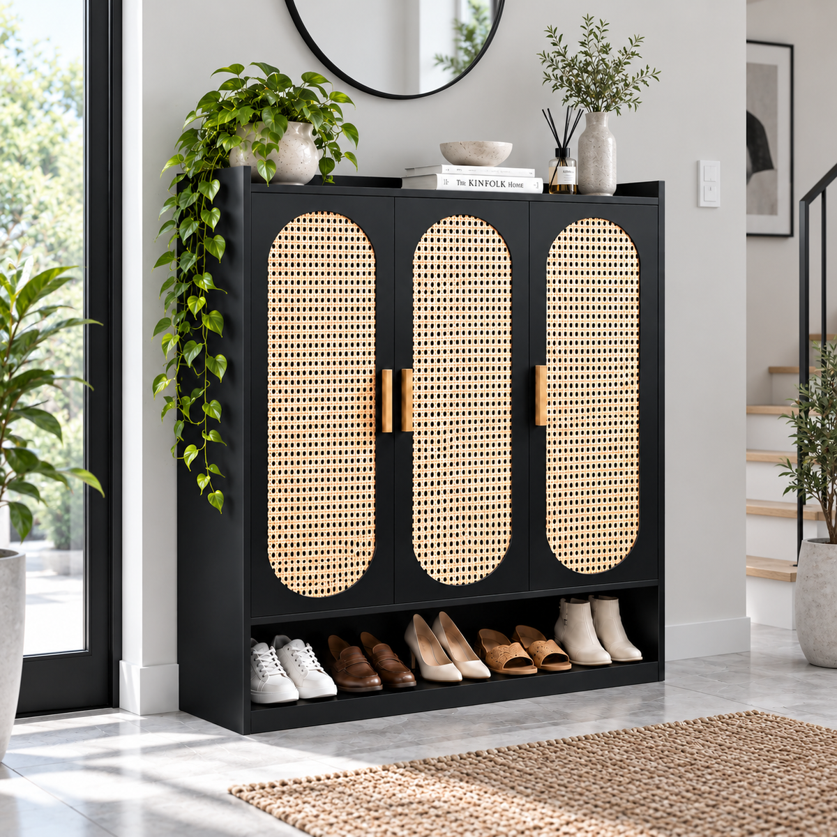 Klaxon Modern Shoe Cabinet with Cane Doors | Stylish Wooden Shoe Rack Organizer with Multiple Storage Shelves for Home Entryway (Black, Shoe Rack - 08)