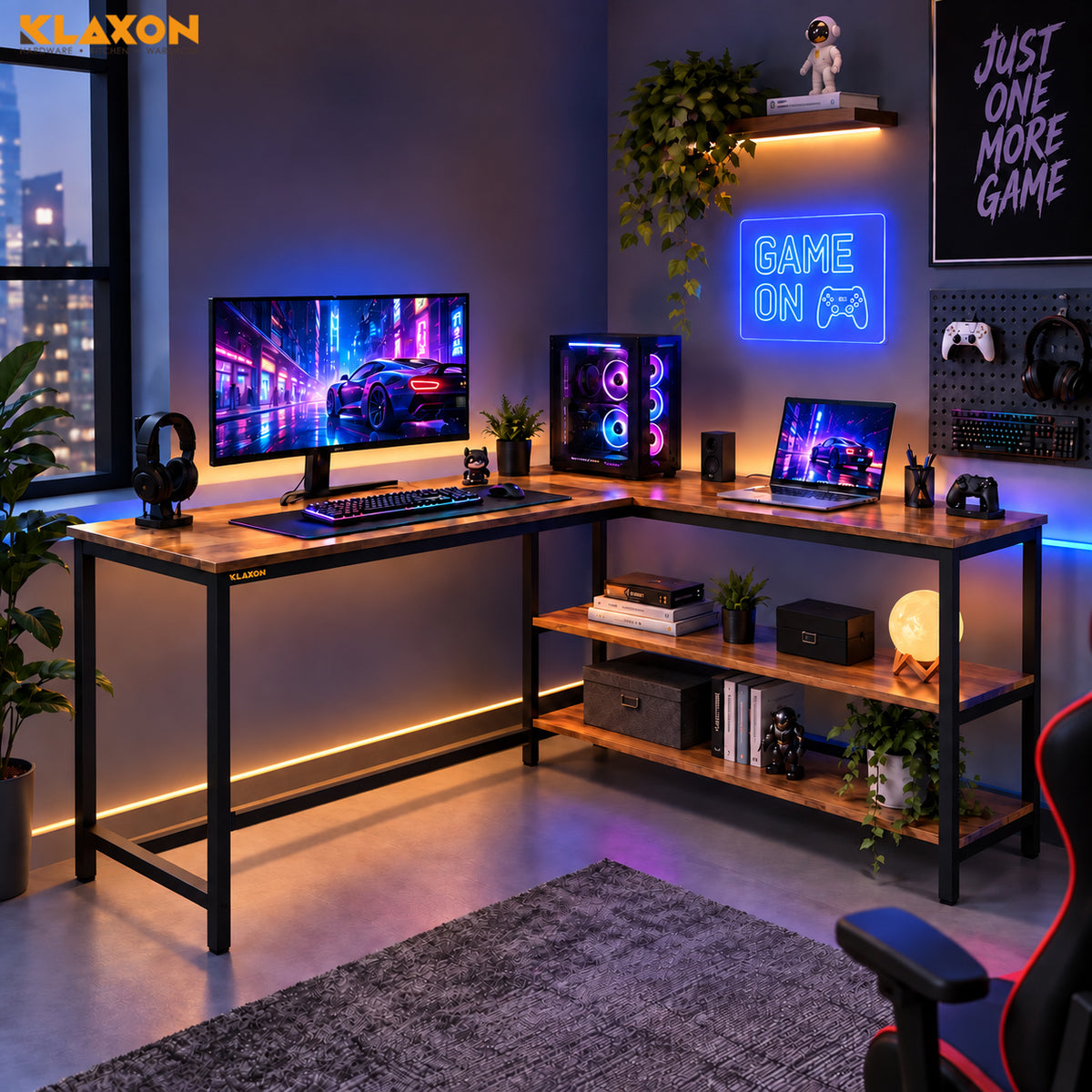 Klaxon Workstation Table for Home Office - Versatile Desk for PC Setup - Big Computer/Ideal Study Table with Storage and Bookshelf - Engineered Wood Desk 120 cm (Forest Dark, Classic - DIY)