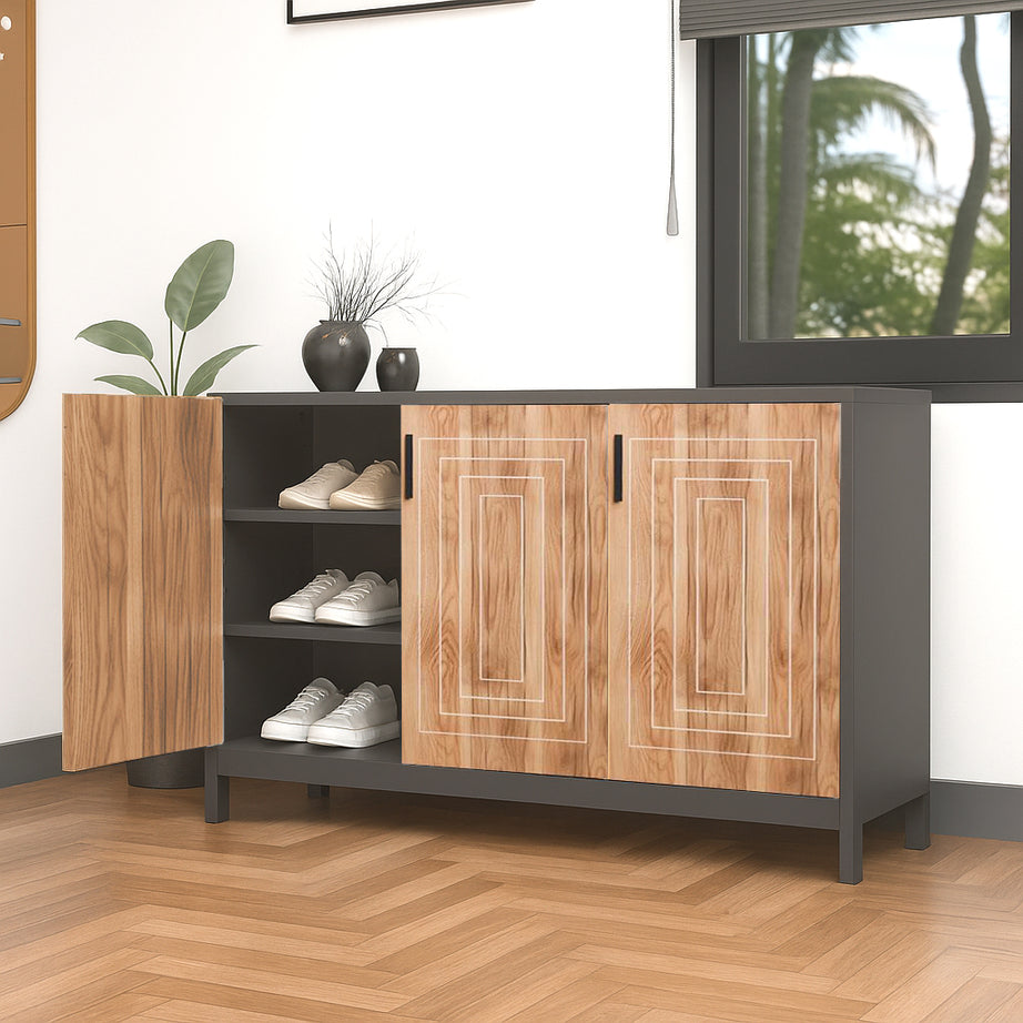 Klaxon Modern Shoe Cabinet with Cane Doors | Stylish Wooden Shoe Rack Organizer with Multiple Storage Shelves for Home Entryway (Oak & Black, Shoe Rack - 06)