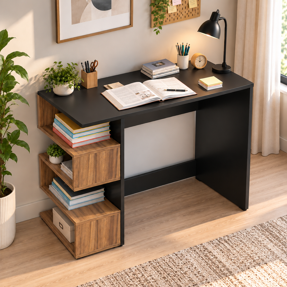 
KLAXON Computer Table & Study Desk for Home & Office | Modern Black & Asian Walnut Engineered Wood Laptop Table with 4-Tier Open Bookshelf | Multipurpose Writing Desk & Workstation with Storage