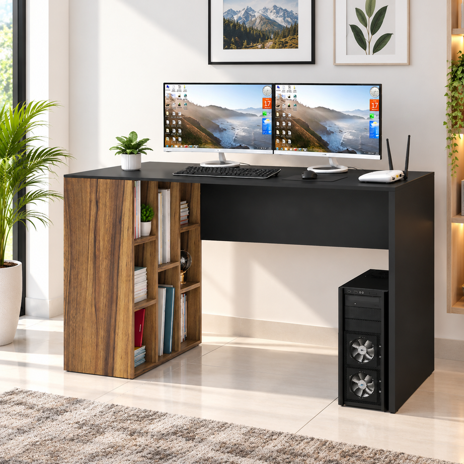 
KLAXON Computer Table & Study Desk for Home & Office | Modern Black & Walnut Engineered Wood Desk with Side Storage Shelves | Multipurpose PC Table, Writing Desk & Workstation